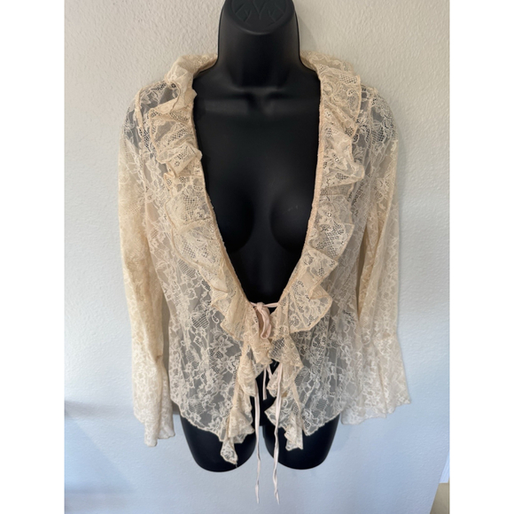 Romantic Lace Ruffle Top Large Beige Tie Front Fairy Whimsigoth Romantic - Picture 3 of 8